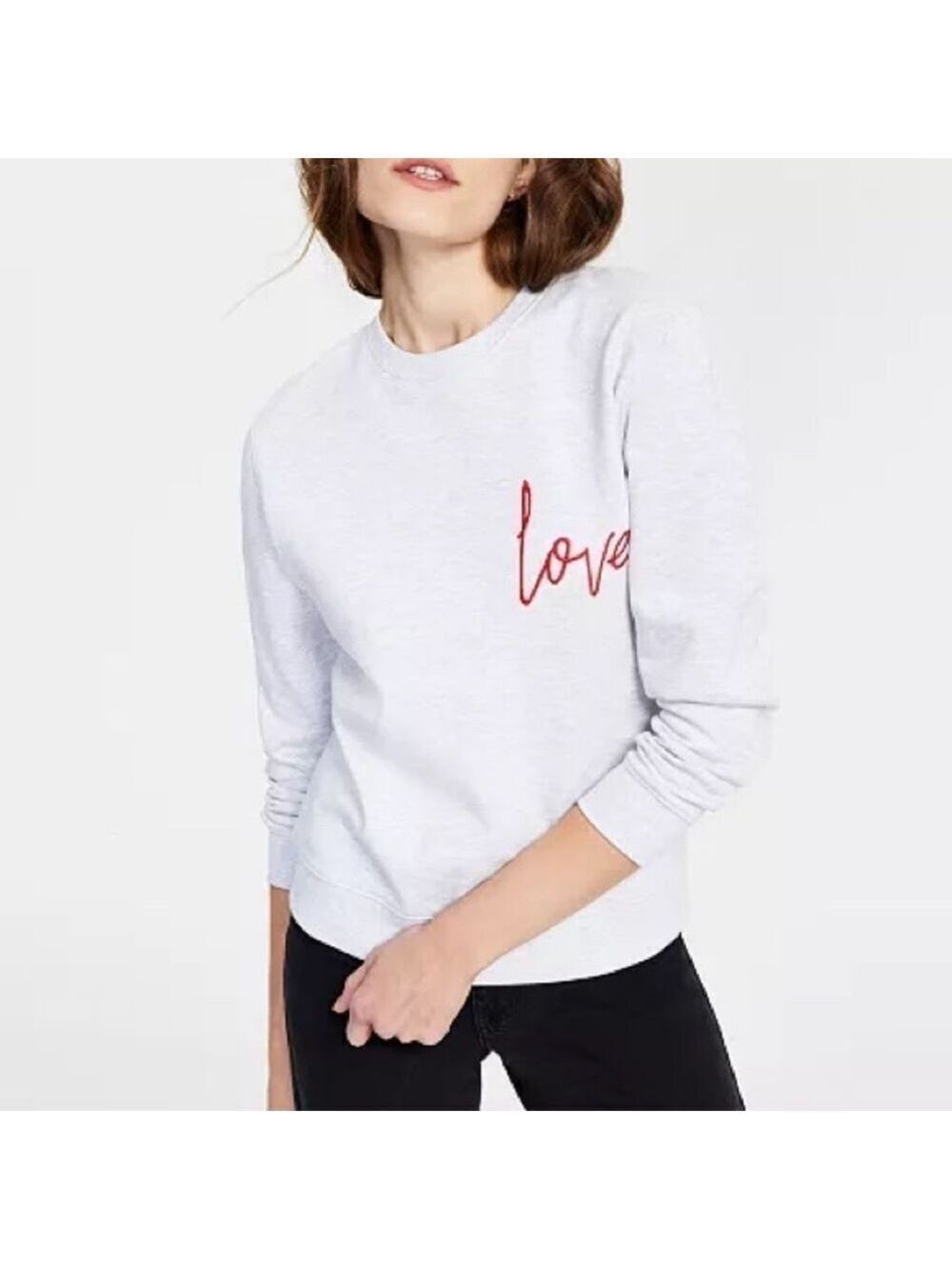French Connection Love Script Embroidered Crewneck Sweatshirt In Done Grey